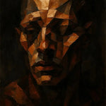 Fragmented Shadows – AI Art, kubistisches Porträt in Braun- und Ockertönen mit kantigen geometrischen Flächen.