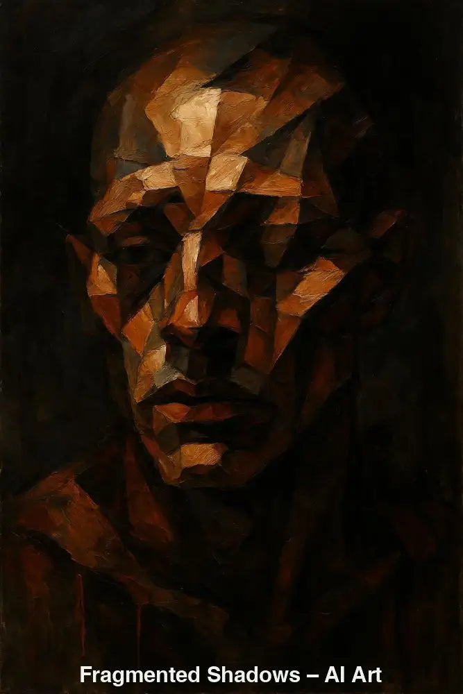 Fragmented Shadows – AI Art, kubistisches Porträt in Braun- und Ockertönen mit kantigen geometrischen Flächen.