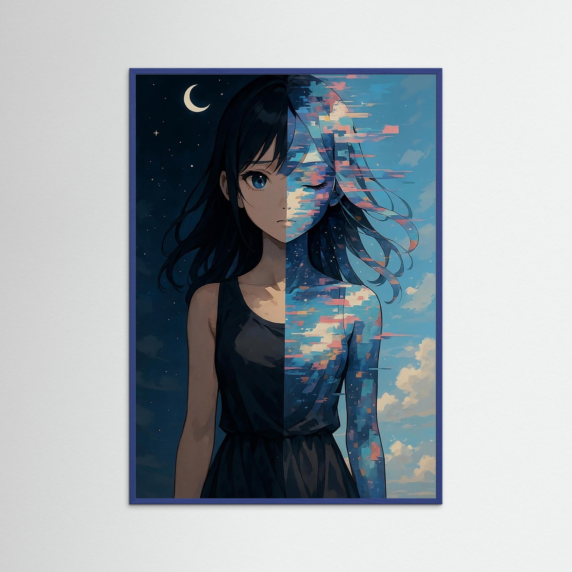 Fragmented Sky als Kunstwerk mit blauem Echtholzrahmen