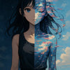 Anime-inspiriertes Porträt eines Mädchens, halb real, halb digital fragmentiert – Darstellung von Tag und Nacht, Identität und Transformation.