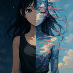 Anime-inspiriertes Porträt eines Mädchens, halb real, halb digital fragmentiert – Darstellung von Tag und Nacht, Identität und Transformation.