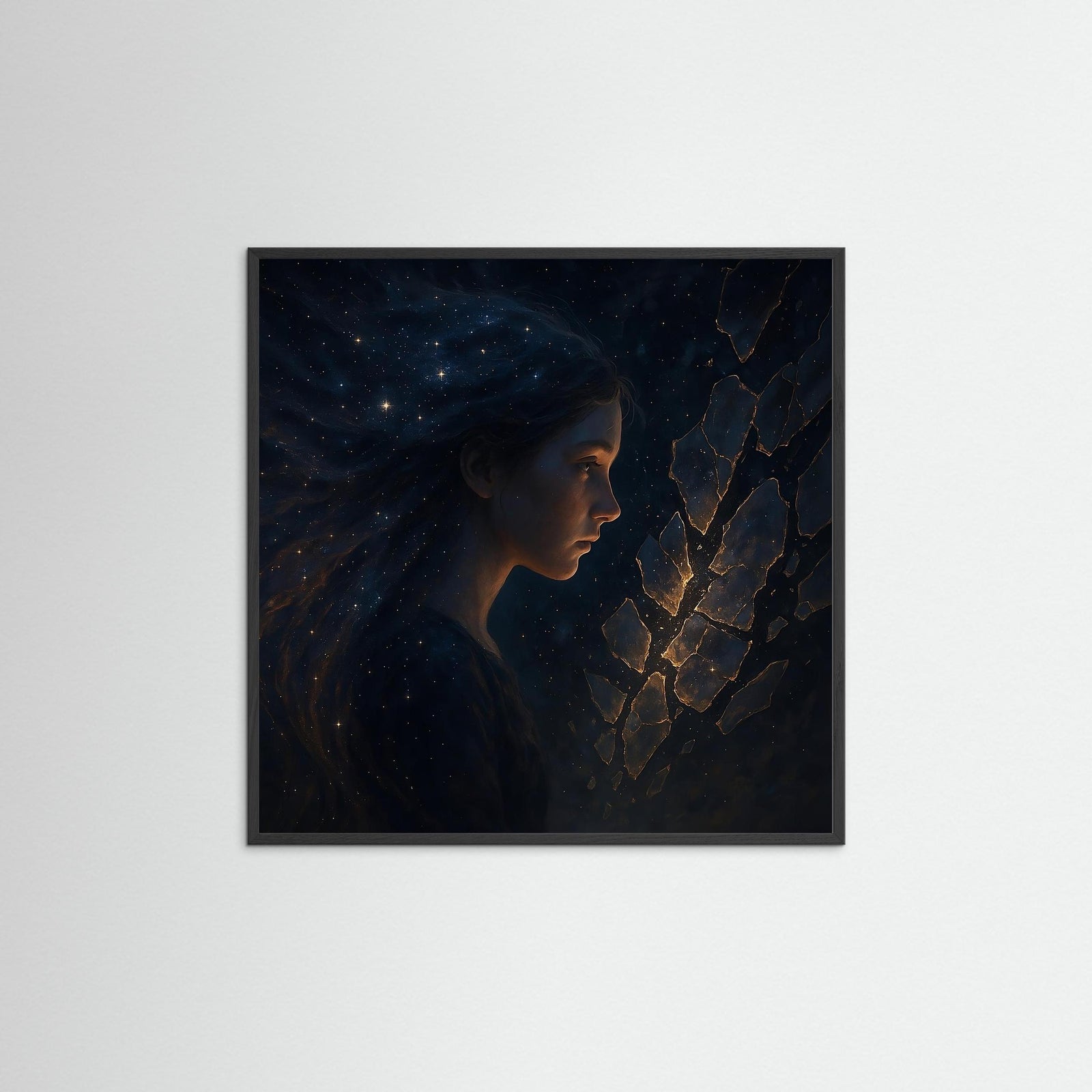 Fragments of the Cosmos als Kunstwerk mit schwarzem Echtholzrahmen