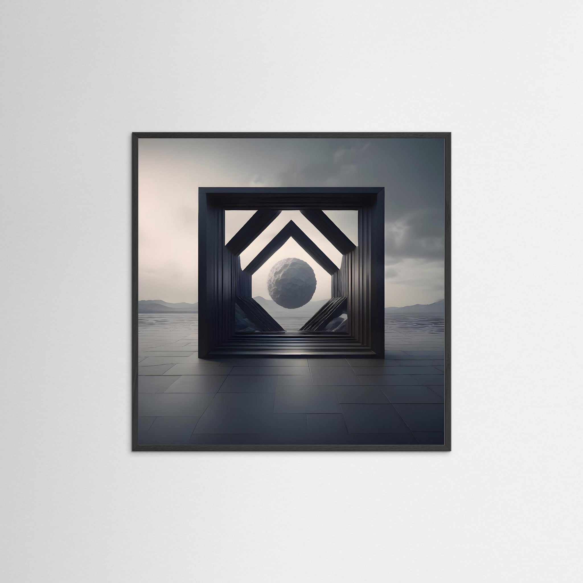 Framed Sphere als Kunstwerk mit schwarzem Echtholzrahmen