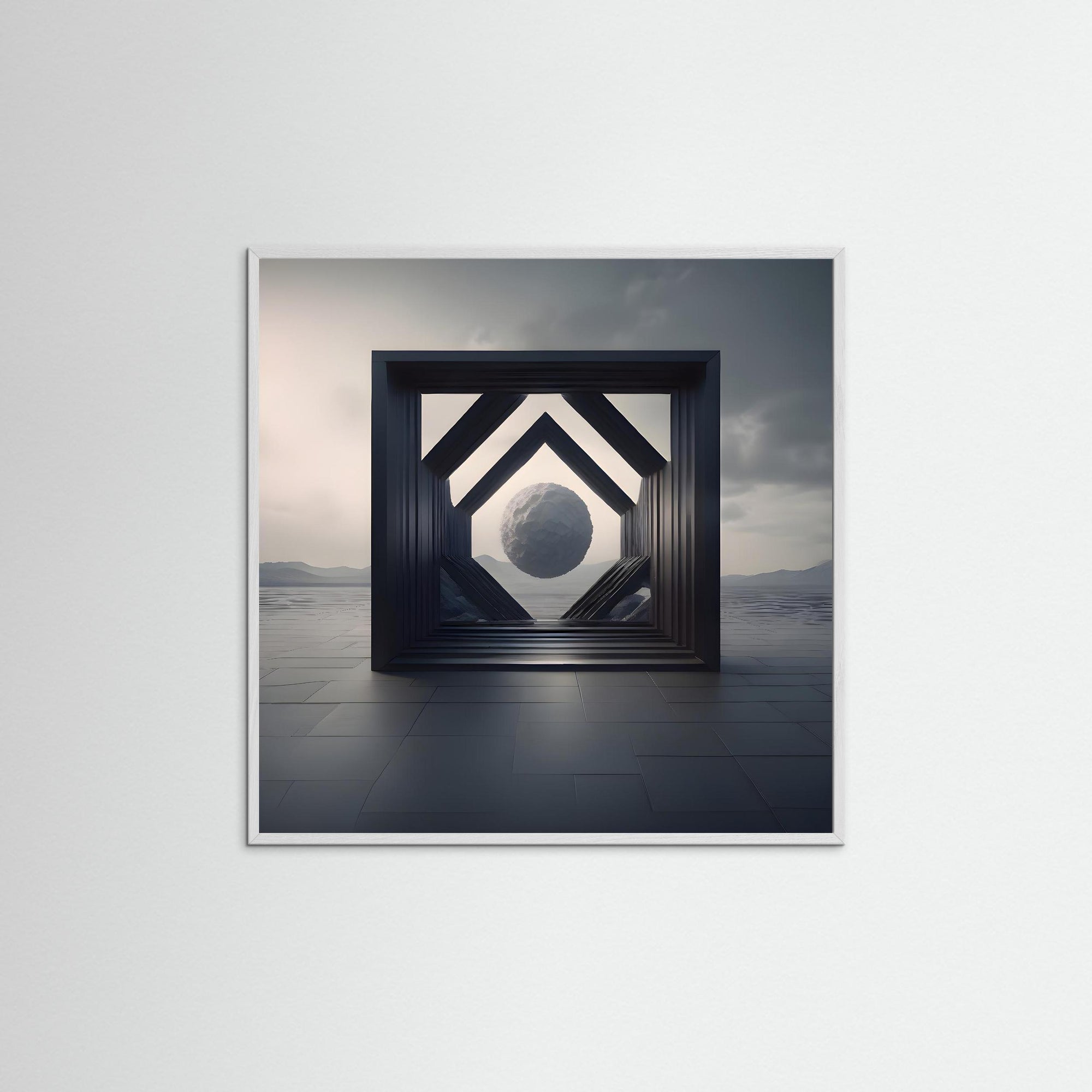 Framed Sphere als Kunstmotiv mit weißem Echtholzrahmen