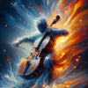 Frozen Melody – AI Art, Figur aus Eis und Feuer spielt Cello, dynamische Farbwirbel in Blau und Orange.