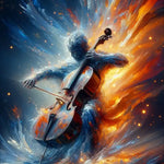 Frozen Melody – AI Art, Figur aus Eis und Feuer spielt Cello, dynamische Farbwirbel in Blau und Orange.