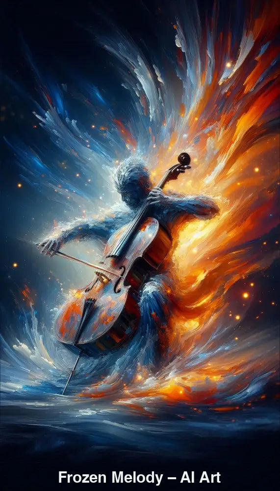 Frozen Melody – AI Art, Figur aus Eis und Feuer spielt Cello, dynamische Farbwirbel in Blau und Orange.