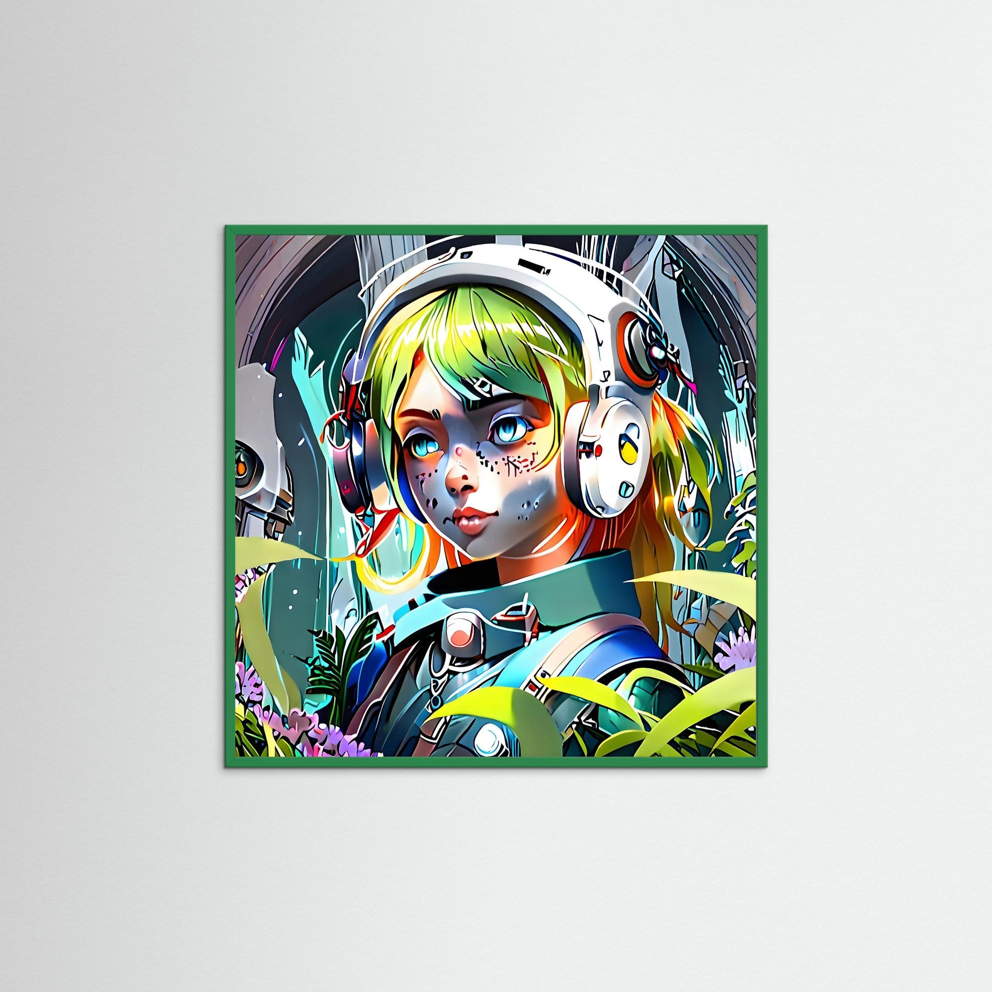 Future Girl als Kunstwerk mit grünem Echtholzrahmen