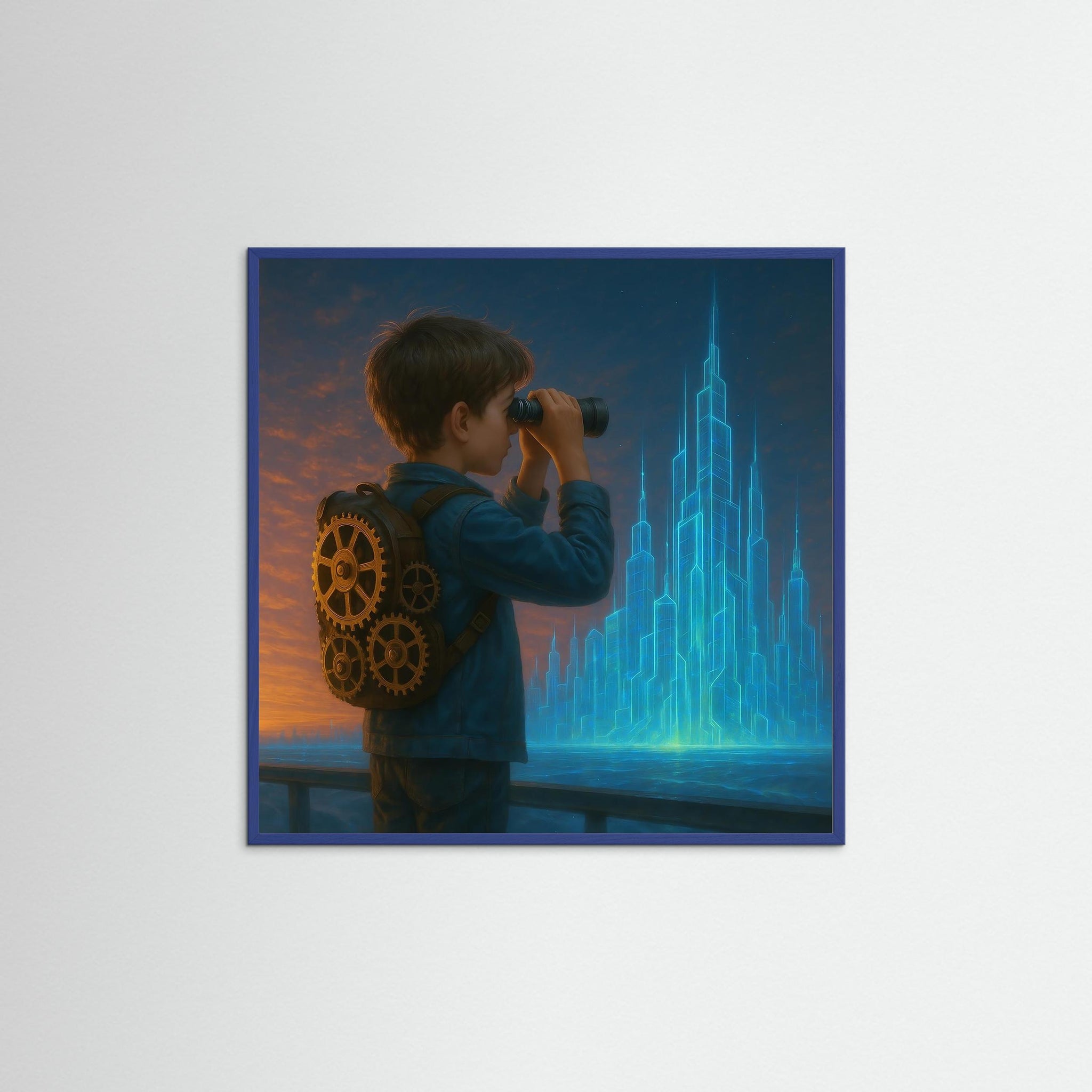 Future in Sight als Kunstwerk mit blauem Echtholzrahmen