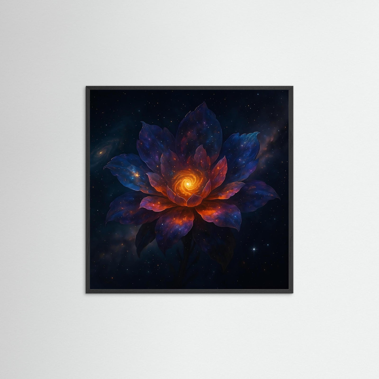 Galactic Bloom als moderne Wandkunst mit schwarzem Echtholzrahmen
