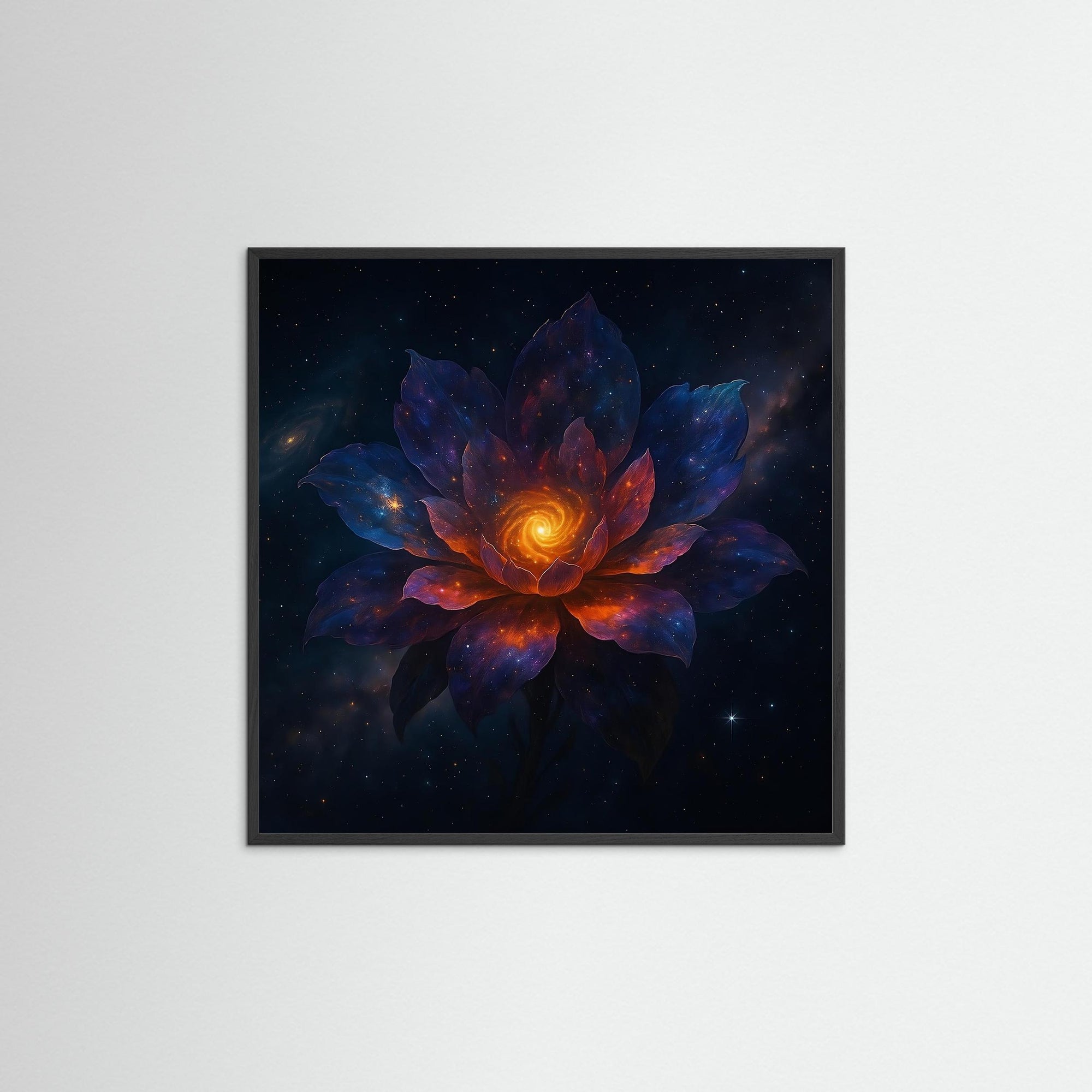 Galactic Bloom als moderne Wandkunst mit schwarzem Echtholzrahmen