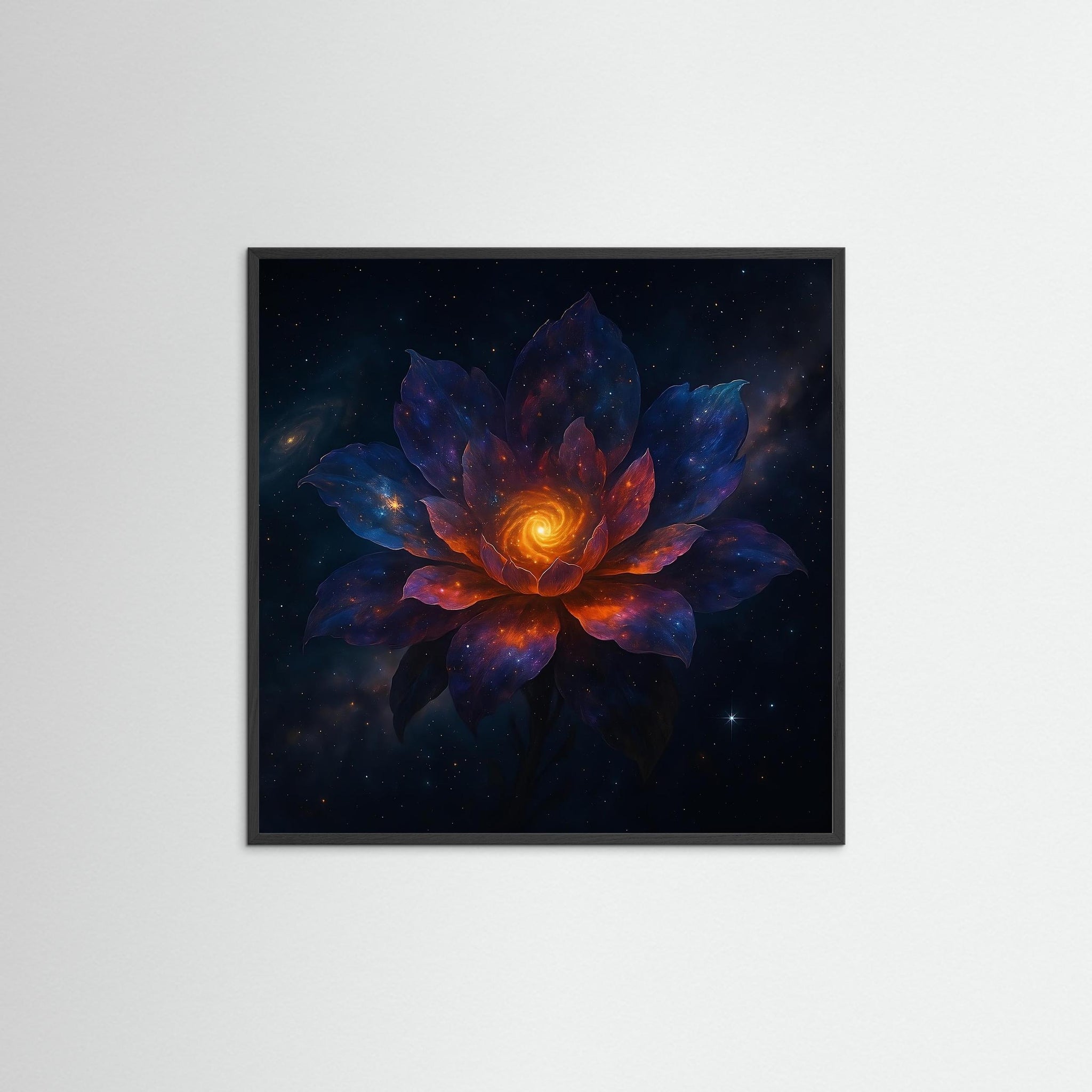 Galactic Bloom als moderne Wandkunst mit schwarzem Echtholzrahmen
