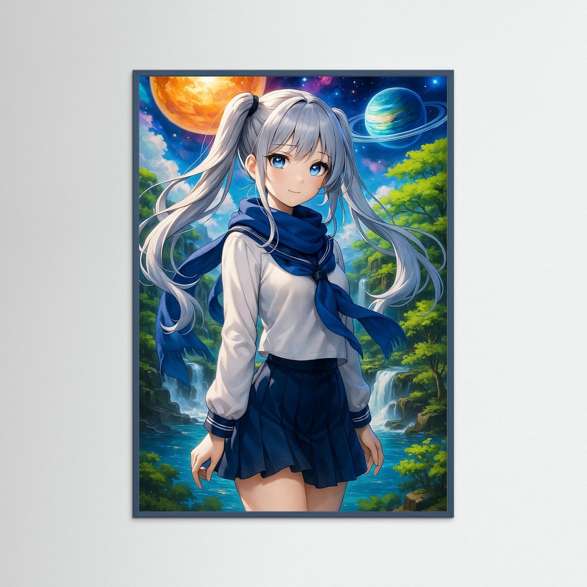 Galactic Sakura als Kunstwerk mit Echtholzrahmen in Teal