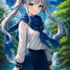 Anime Mädchen mit silbernem Haar vor kosmischer Landschaft und Wasserfall – AI generierte Anime Kunst