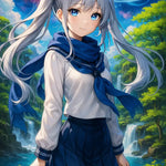 Anime Mädchen mit silbernem Haar vor kosmischer Landschaft und Wasserfall – AI generierte Anime Kunst