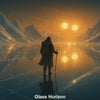 KI-Kunstwerk zeigt Wanderer in einer Glaswüste mit zwei Sonnen am Horizont, hyperrealistische Umgebung in 4K