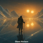 KI-Kunstwerk zeigt Wanderer in einer Glaswüste mit zwei Sonnen am Horizont, hyperrealistische Umgebung in 4K