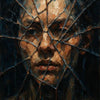 Glass Veil – AI Art, Porträt hinter zersplittertem Glas in dunklen Erdtönen mit dramatischer, geheimnisvoller Wirkung.