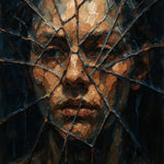 Glass Veil – AI Art, Porträt hinter zersplittertem Glas in dunklen Erdtönen mit dramatischer, geheimnisvoller Wirkung.