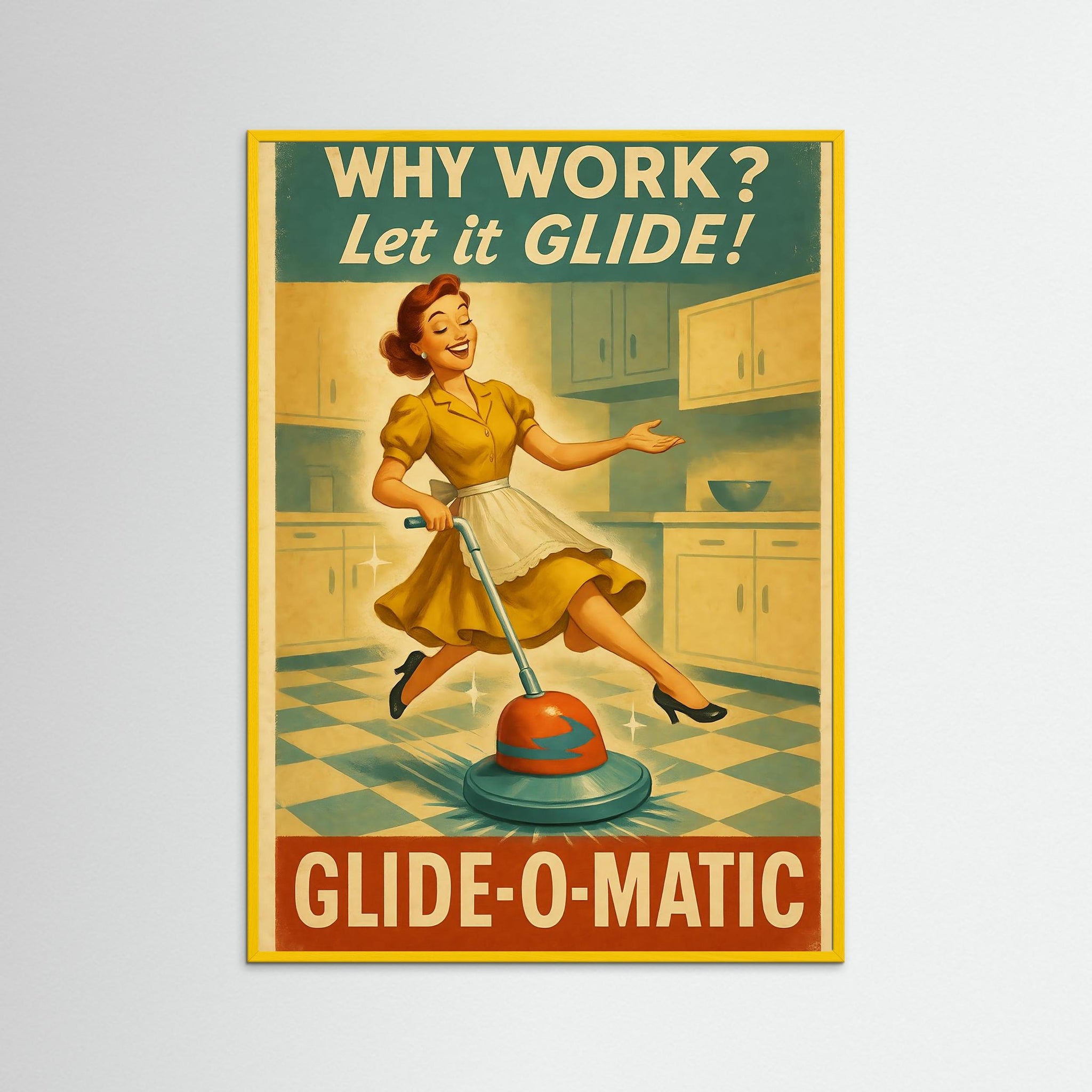 Glide-O-Matic als Kunstmotiv mit gelbem Echtholzrahmen