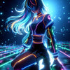 Glowborne – AI Art, neonleuchtende K-Pop-Figur kniet auf futuristischer Bühne, leuchtende Linien und cyberpop Farben.