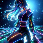 Glowborne – AI Art, neonleuchtende K-Pop-Figur kniet auf futuristischer Bühne, leuchtende Linien und cyberpop Farben.