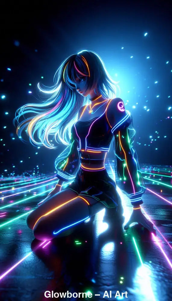 Glowborne – AI Art, neonleuchtende K-Pop-Figur kniet auf futuristischer Bühne, leuchtende Linien und cyberpop Farben.