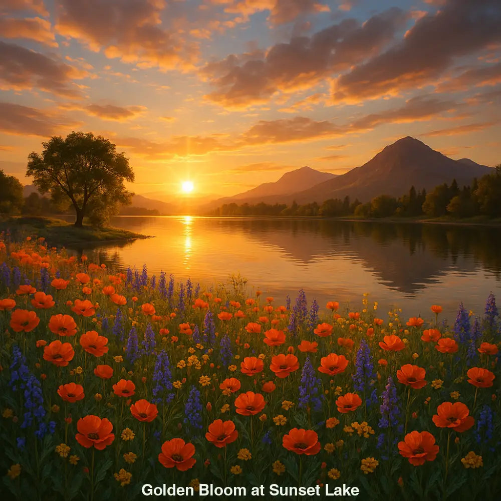 einzigartiges ki kunstwerk landschaft sonnenuntergang mit mohnblumen und bergsee – nur 1x verfügbar