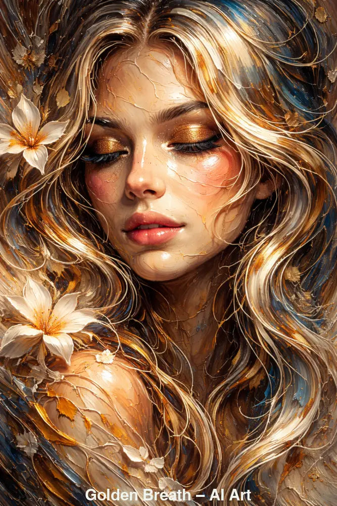Sanftes Porträt mit geschlossenen Augen, goldenen Lichtakzenten, fließendem Haar und floralen Elementen in warmer AI Art