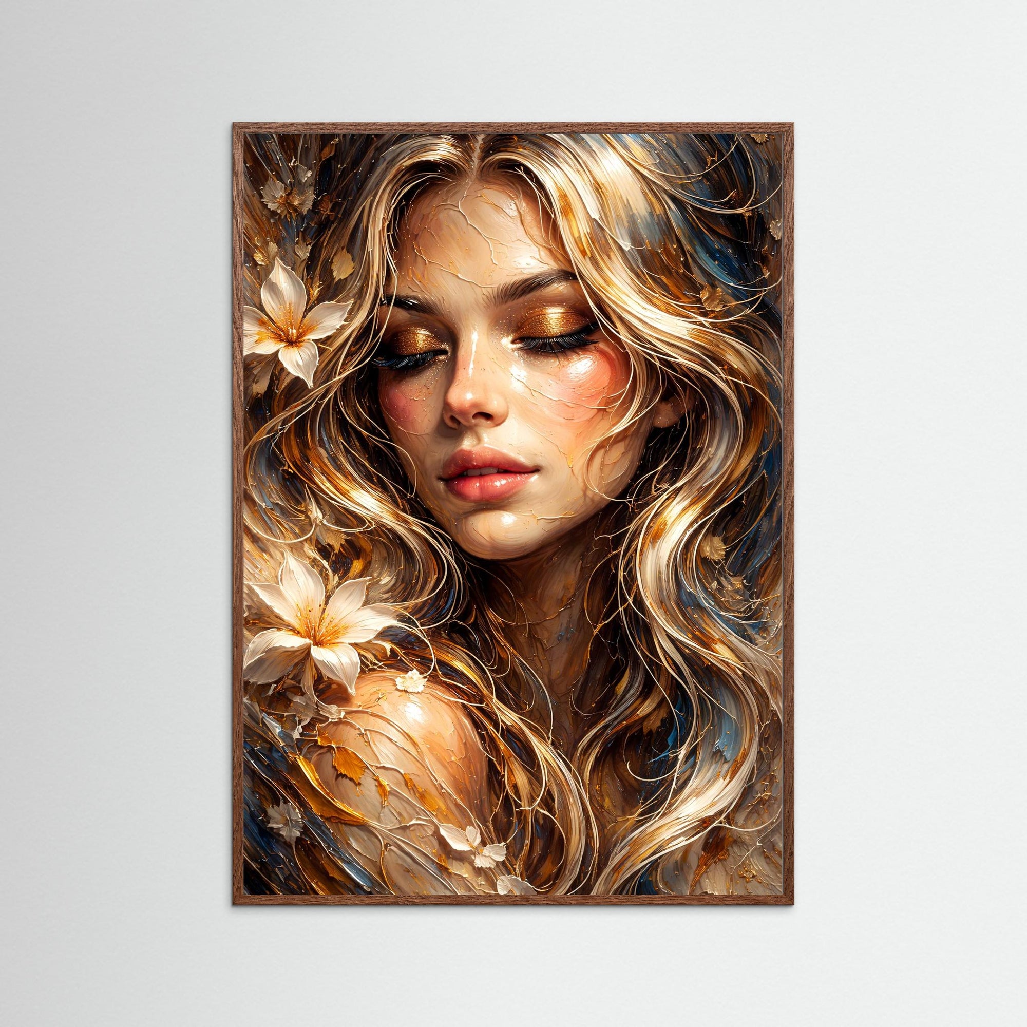 Golden Breath als Kunstmotiv mit Echtholzrahmen in Eiche Dunkel