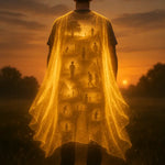 Person im Sonnenuntergang umhüllt von goldenem Mantel aus Erinnerungen – emotionale, futuristische KI-Surreal-Illustration.