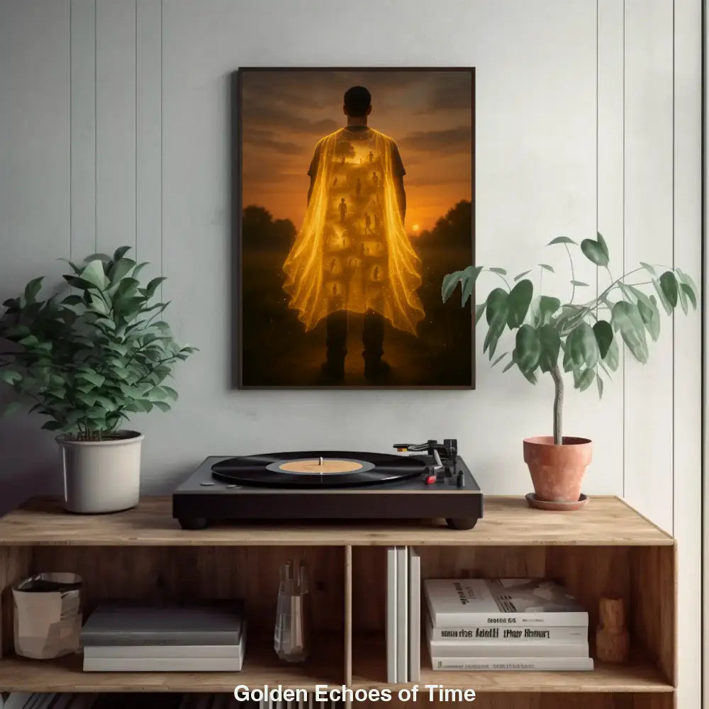 Rückansicht eines Mannes bei Sonnenuntergang mit einem goldenen Umhang, in dem leuchtende Szenen vergangener Erinnerungen erscheinen.