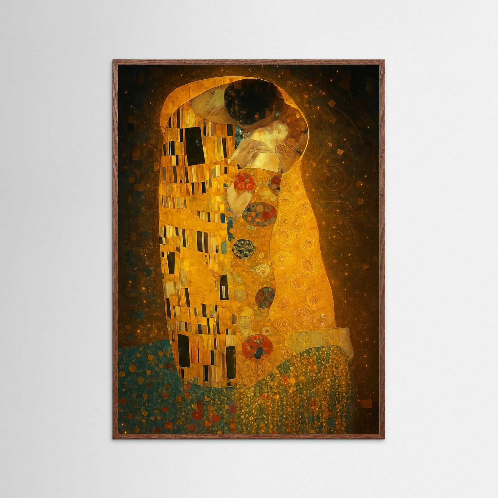 Golden Embrace als Kunstwerk mit Echtholzrahmen in Dunkler Eiche