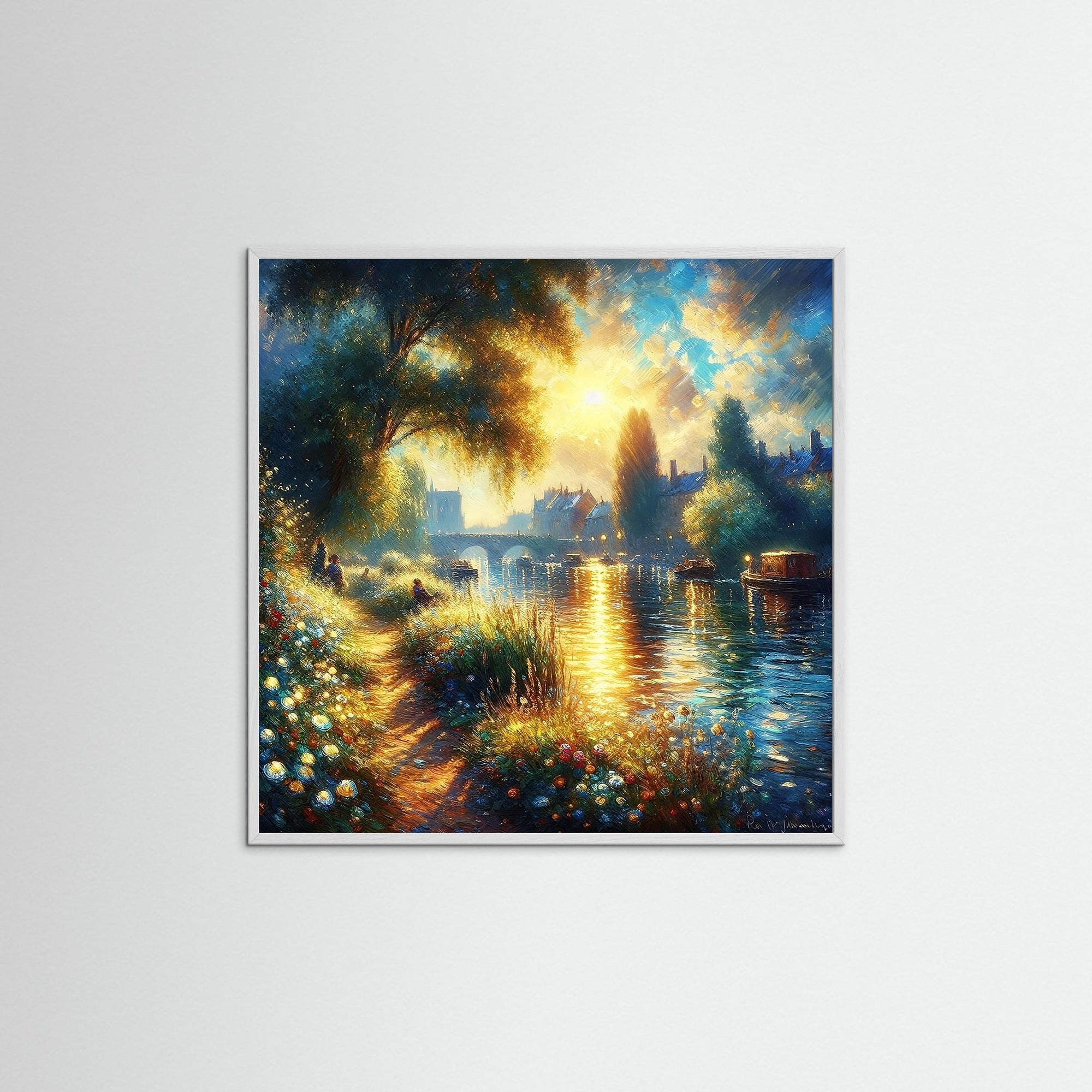 Golden Riverside als Kunstmotiv mit weißem Echtholzrahmen
