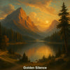 Digitale Berglandschaft bei Sonnenuntergang mit See und Wald – ruhige, warme Lichtstimmung.