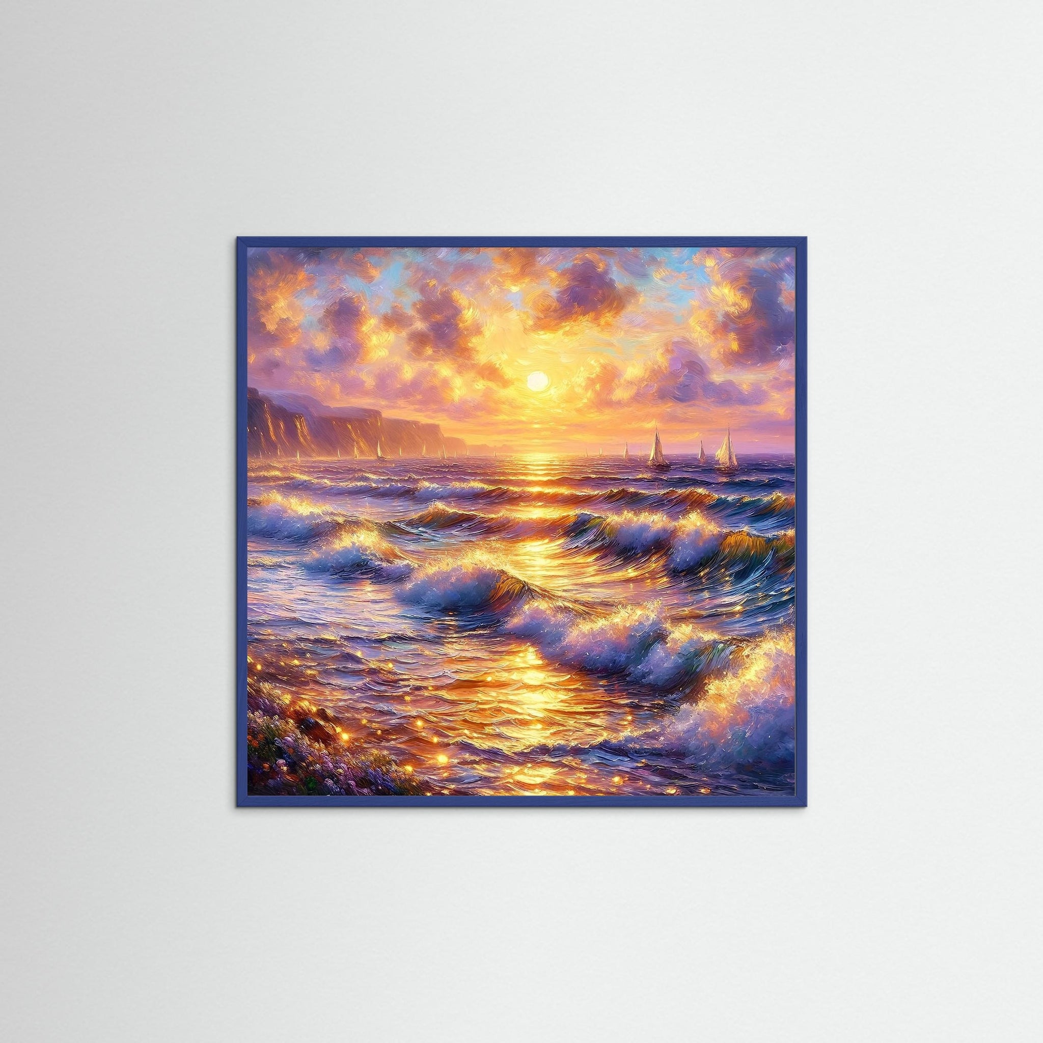 Golden Waves als Kunstwerk mit blauem Echtholzrahmen