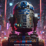Futuristischer Roboter mit leuchtenden Details in neonbeleuchteter Megastadt vor Sternenhimmel