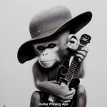 Affe mit Hut, der Gitarre spielt vor neutralem Hintergrund – KI-generiertes, verspieltes Porträt