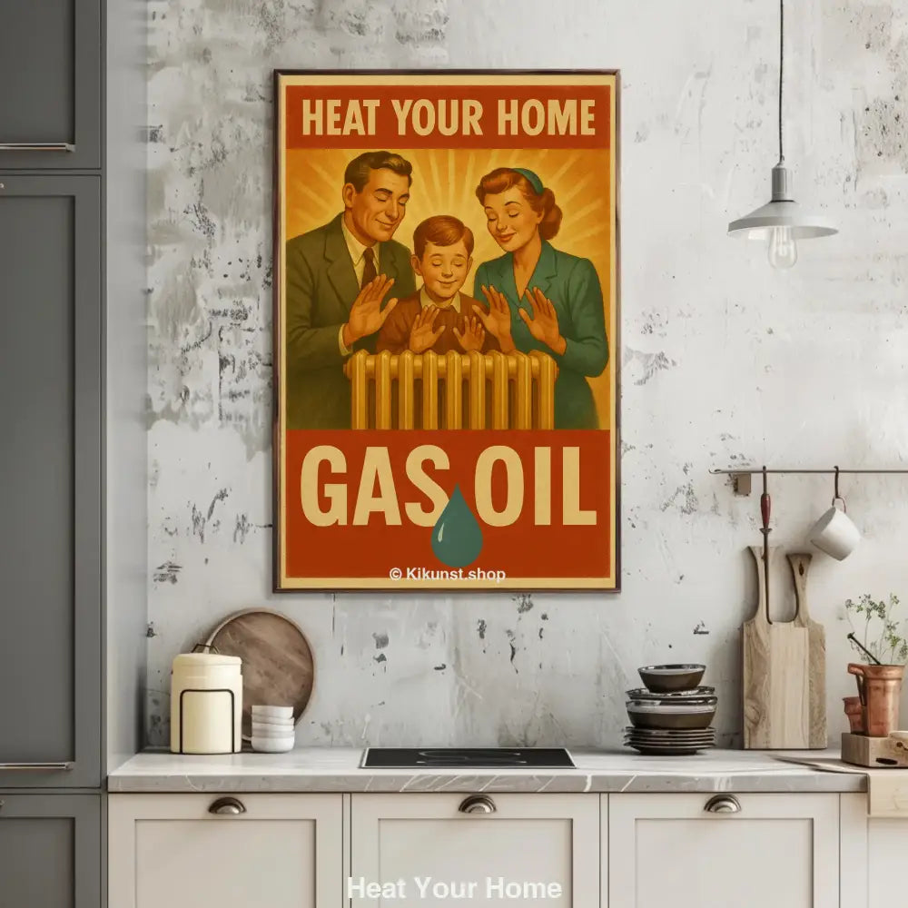 Retro-Werbeplakat zeigt glückliche Familie, die sich an einem Heizkörper wärmt – mit dem Slogan: "Heat your home – Gas Oil".