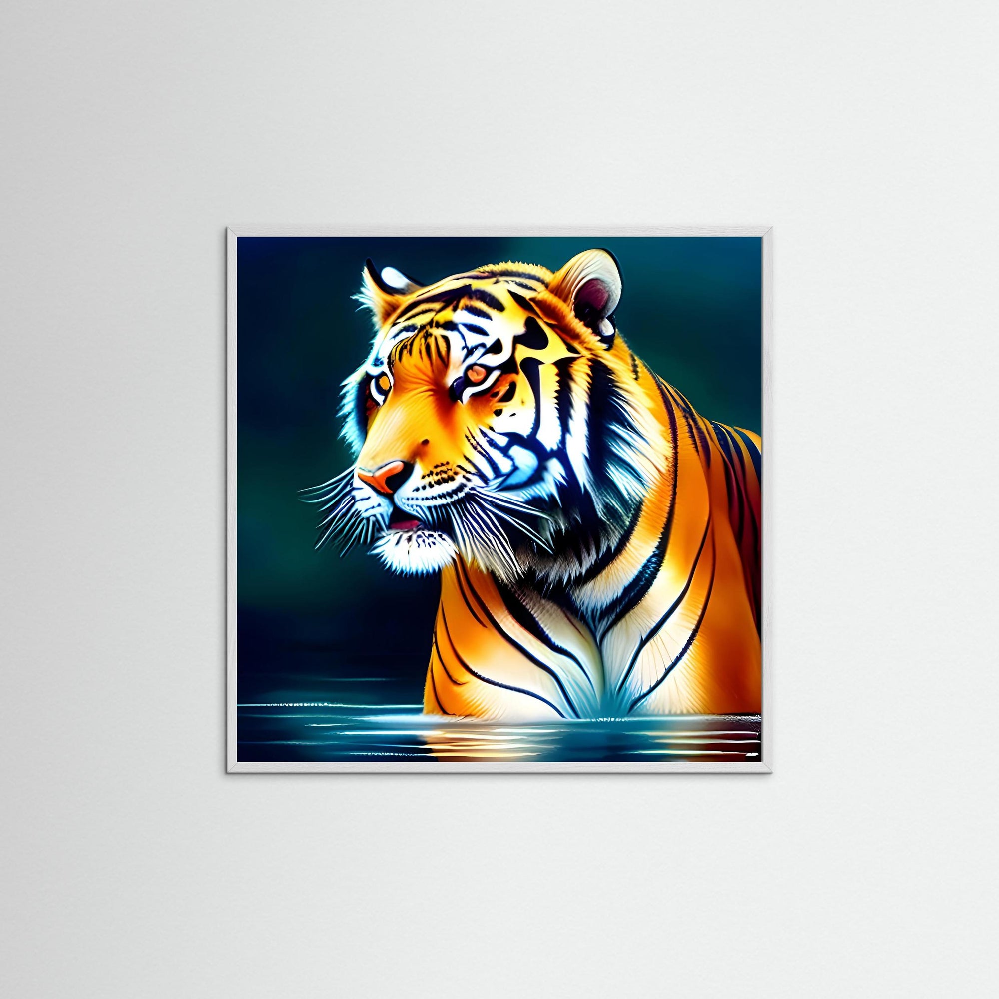 Heroic Tiger als Kunstmotiv mit weißem Echtholzrahmen
