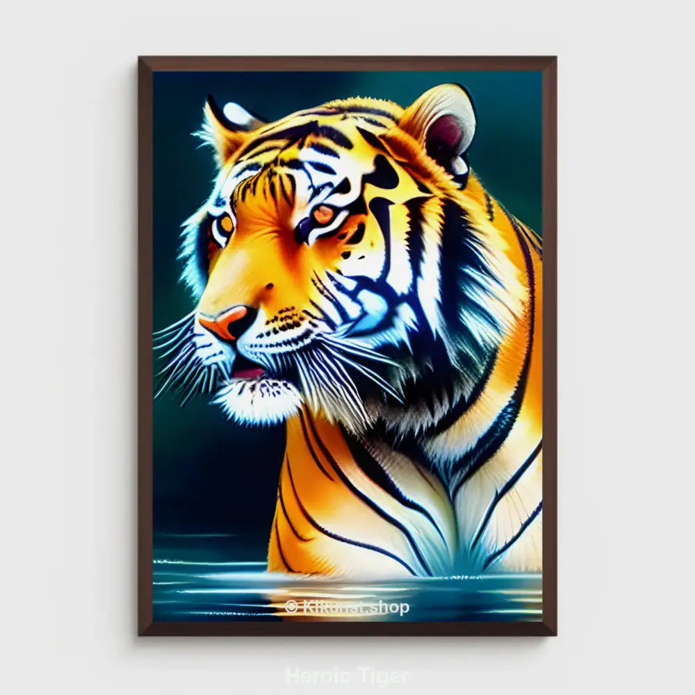 Ein leuchtend gezeichneter Tiger steht stolz im Wasser. Sein Blick ist wachsam und majestätisch – ein Symbol für Stärke und Würde.