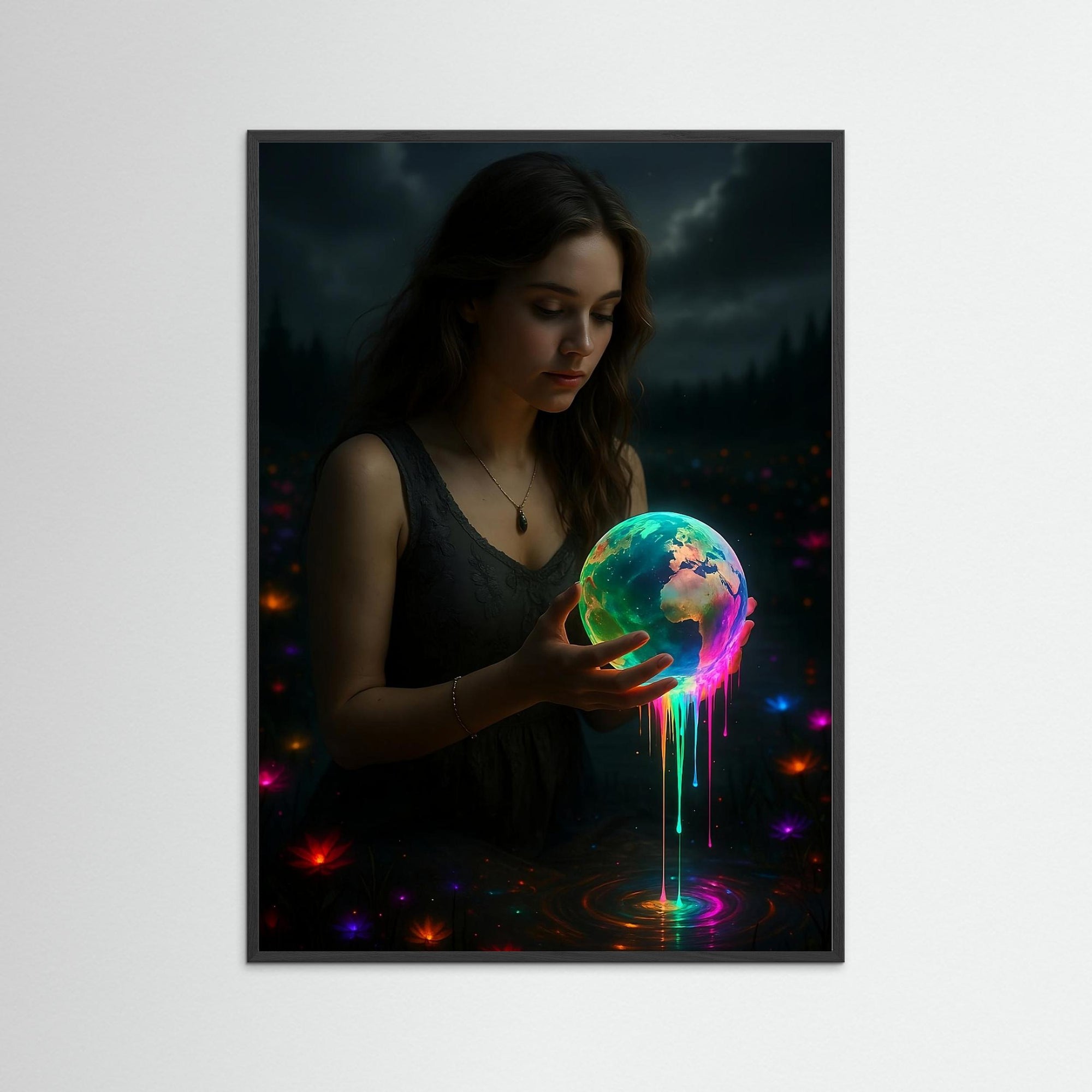 Holding the Melting World als moderne Wandkunst mit schwarzem Echtholzrahmen
