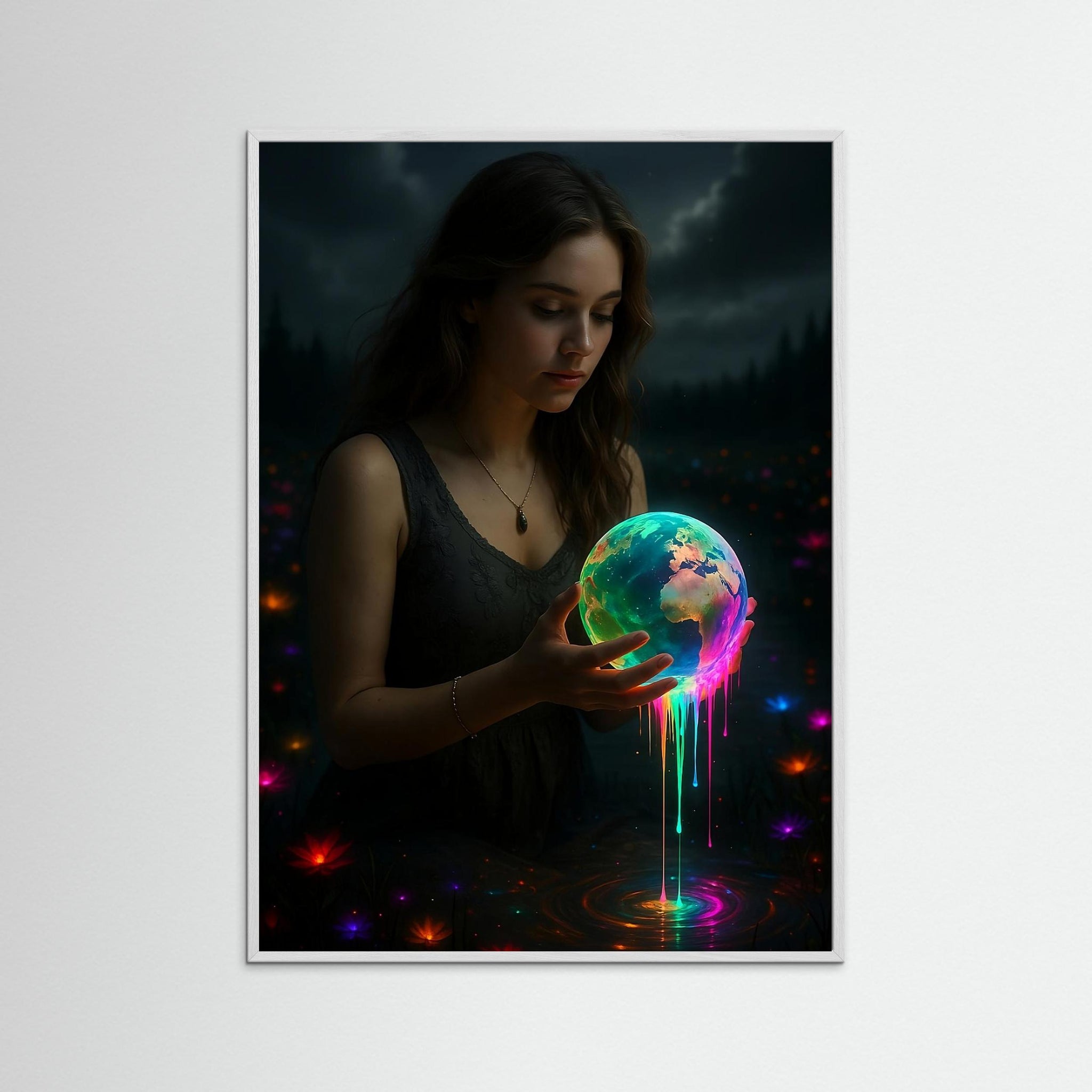 Gerahmte Ausführung des Kunstwerks Holding the Melting World mit weißem Echtholzrahmen