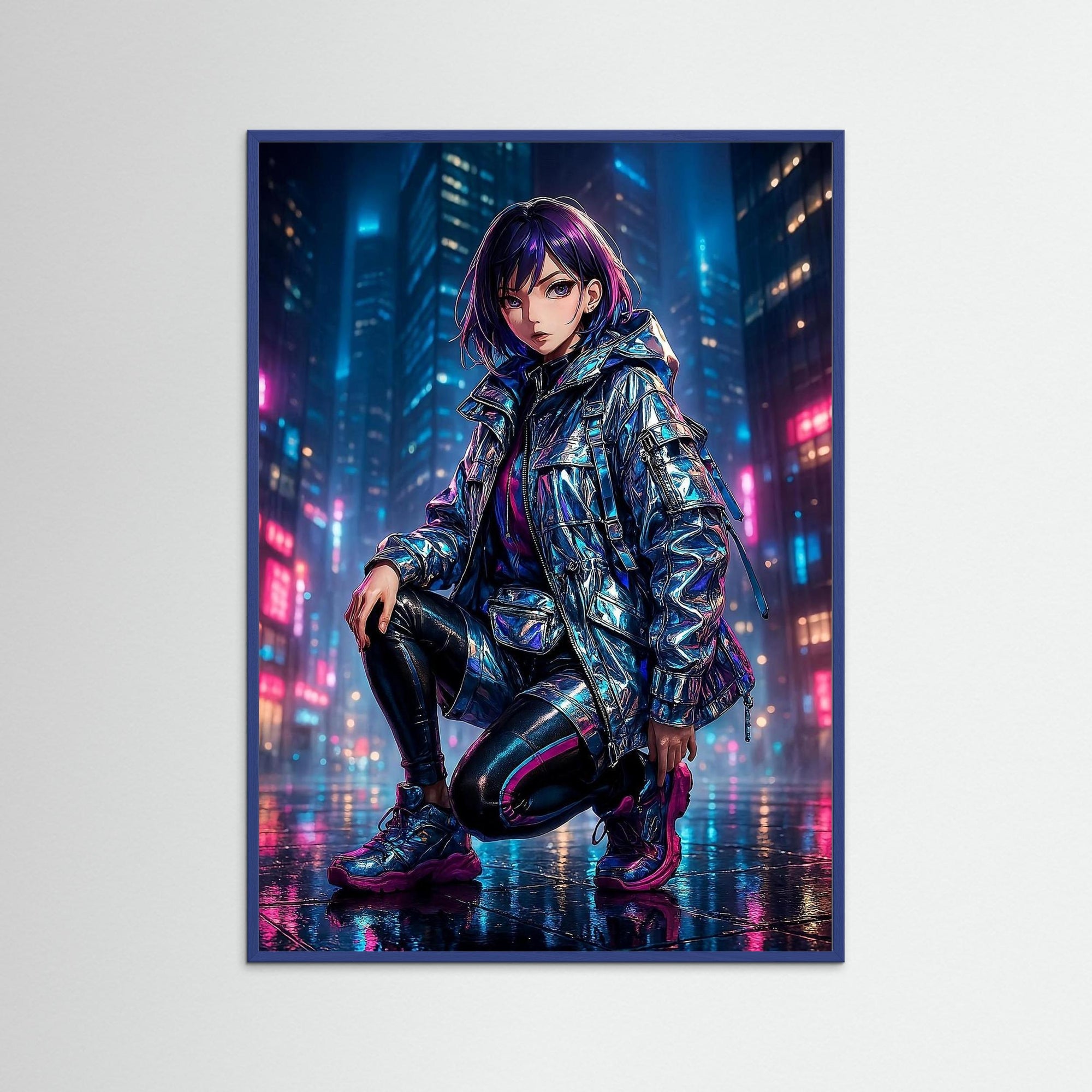 Holo Streets als Kunstmotiv mit blauem Echtholzrahmen