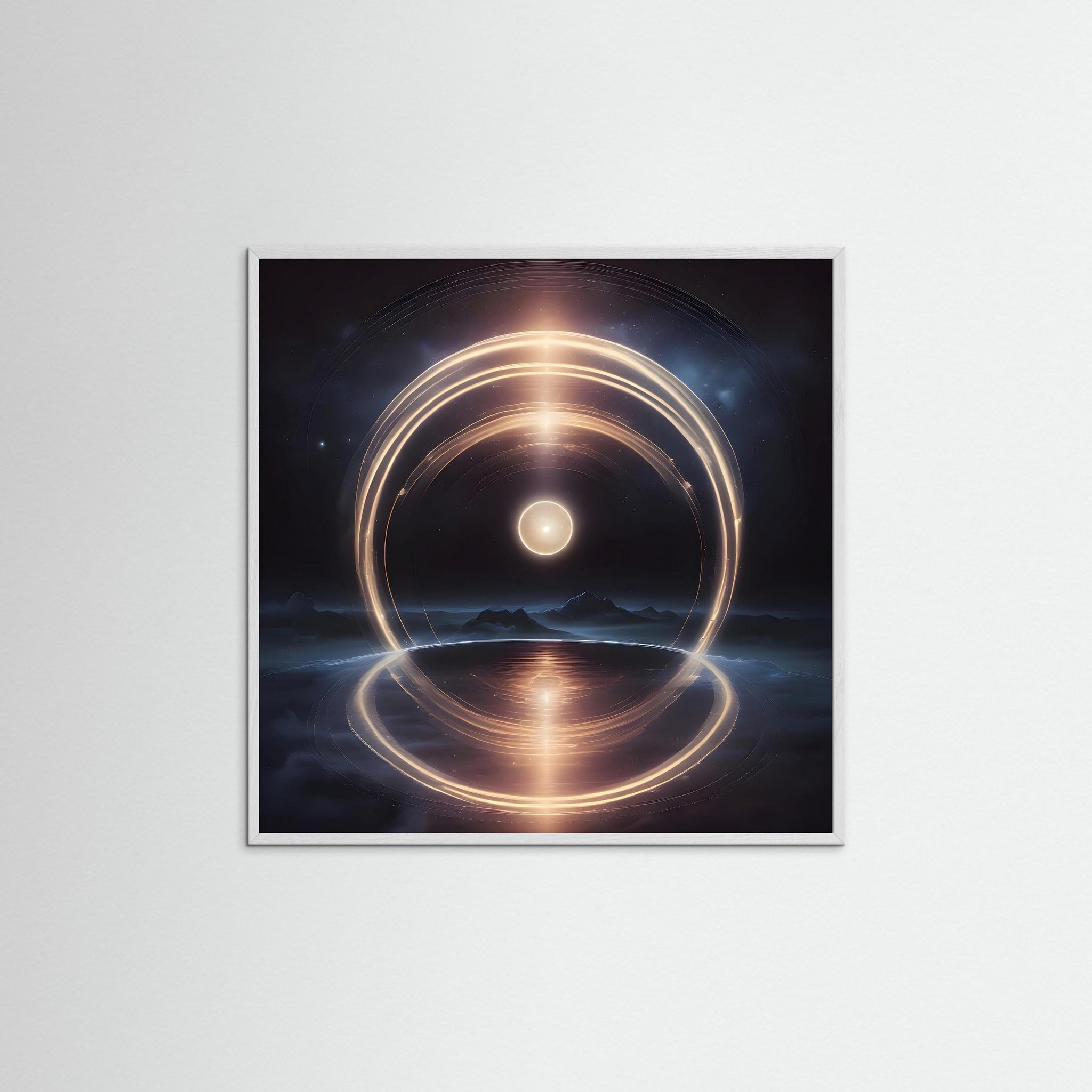 Horizon Singularity als Kunstmotiv mit weißem Echtholzrahmen