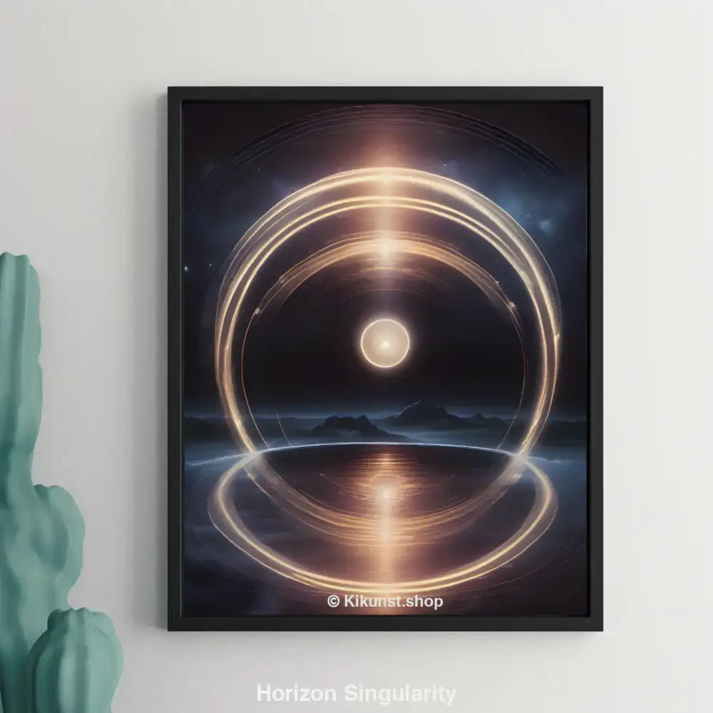Abstraktes Kunstwerk mit strahlenden Lichtkreisen über einer stillen Landschaft. Eine leuchtende Singularität schwebt über einem kosmischen Horizont.