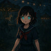 Anime-Mädchen mit hypnotischen Augen im düsteren Jahrmarkt – KI-Kunst mit Horror-Stimmung, Karussells und gespenstischer Atmosphäre.