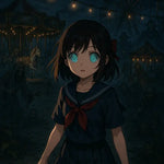 Anime-Mädchen mit hypnotischen Augen im düsteren Jahrmarkt – KI-Kunst mit Horror-Stimmung, Karussells und gespenstischer Atmosphäre.