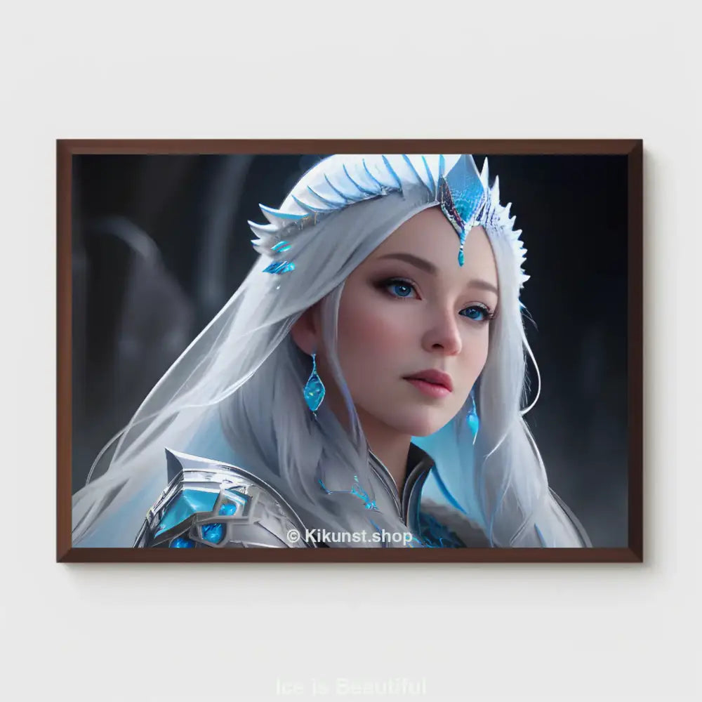 Fantasy-Porträt einer Eiskönigin mit silbernem Haar, Krone und blauen Akzenten als digitales Kunstwerk-Mockup