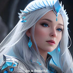 Porträt einer mächtigen Eis-Zauberin in verschneiter Landschaft – digital gemalt mit frostiger Magie und majestätischer Ausstrahlung.